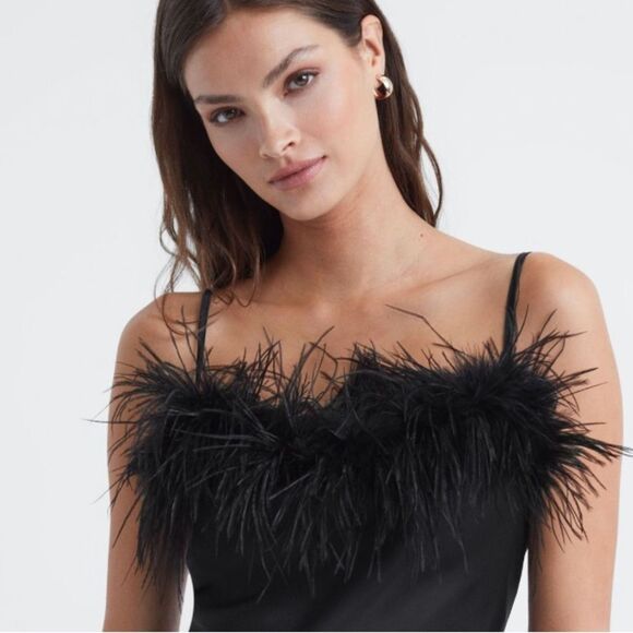 NWT SLEEPER Boheme Feather-trimmed Slip Dress in Ecovero Black $350 - Picture 8 of 9